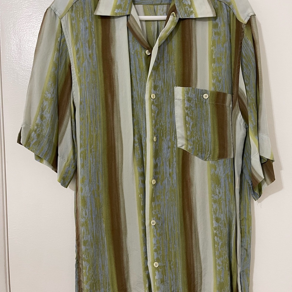 Men's Striped Short Sleeve Shirt - Green and Brown